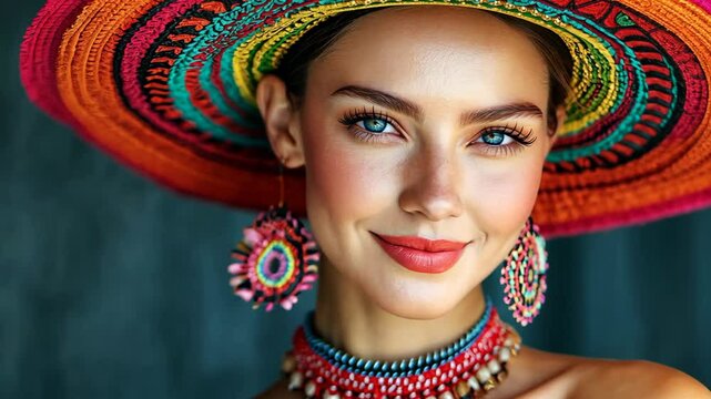 face portrait young pretty Mexican woman wearing big colorful hat, Cinco de Mayo, and Mexican celebration theme 