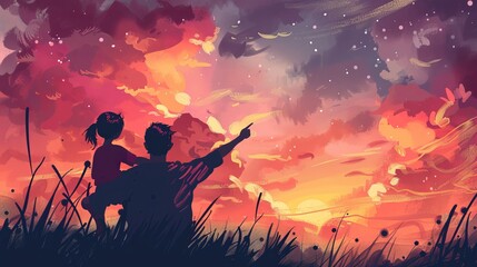 Obraz premium Daughter on fathers shoulders at sunrise Silhouette for Fathers Day