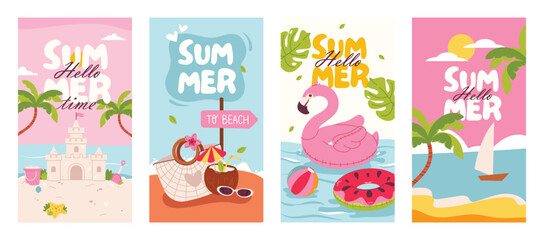 "Hello summer" slogan, colorful postcard, flat design vector. Tropical hand drawn prints design. Positive phrases for stickers, postcards or posters. Vector template with summer cute elements