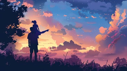 Daughter on fathers shoulders at sunrise Silhouette for Fathers Day