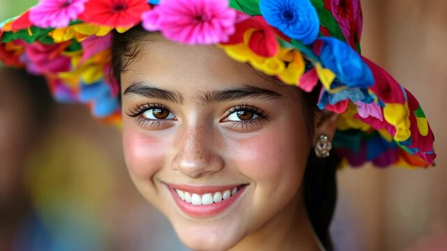 face portrait young pretty Mexican woman wearing big colorful hat, Cinco de Mayo, and Mexican celebration theme 