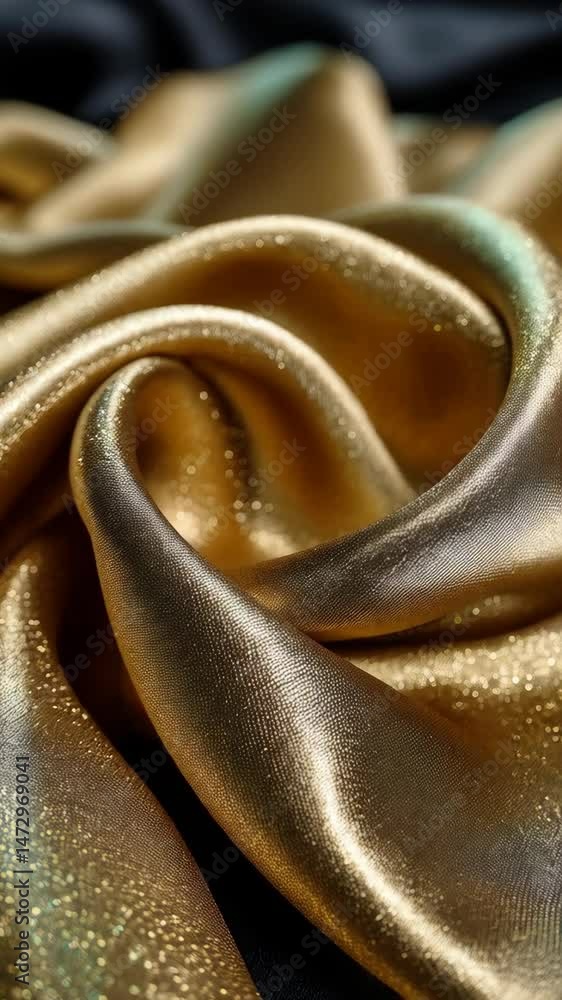Poster close-up of shimmering golden fabric draped in flowing curves with subtle texture and elegant highli