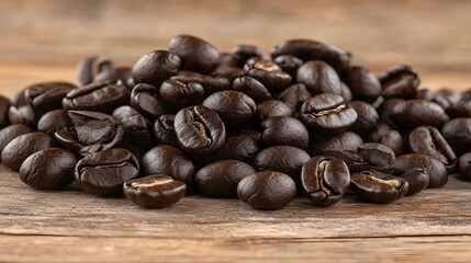 Fototapeta premium Roasted Coffee Beans Close Up on Wood Texture Background