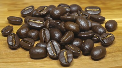 Roasted Coffee Beans Close Up on Wooden Surface
