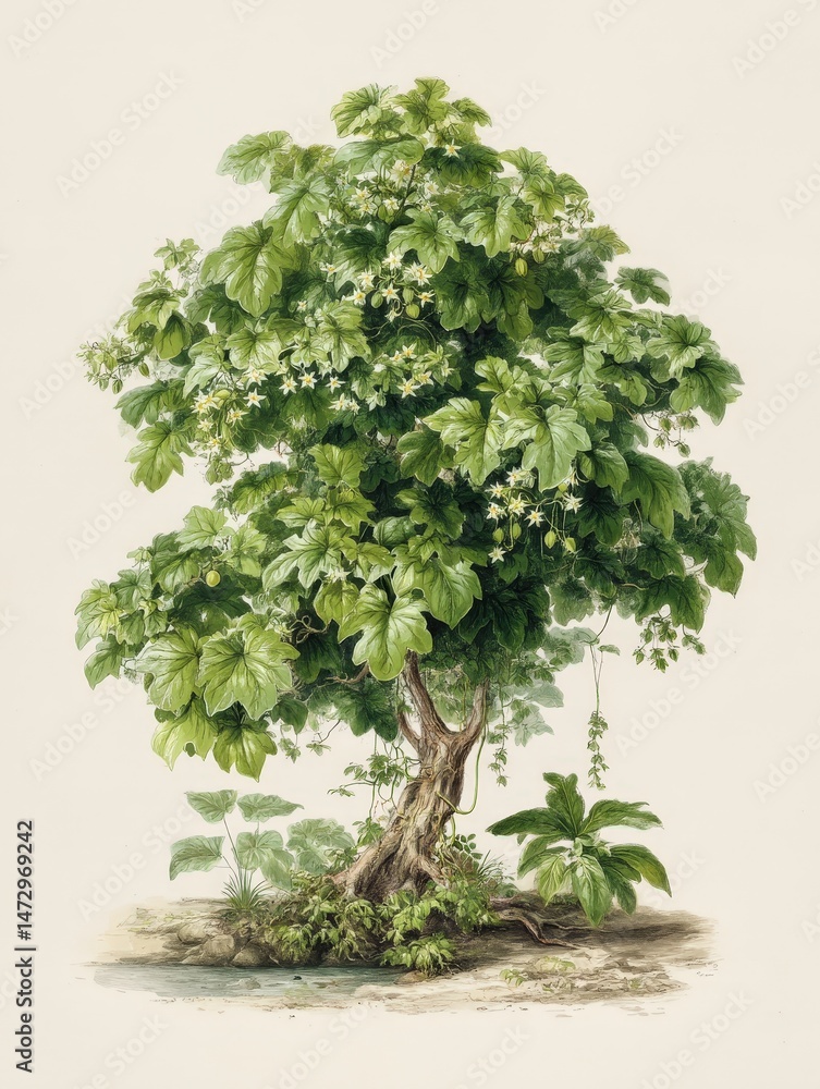 Poster isometric view of dendrosicyos socotranus, the cucumber tree, showcasing its unique structure and de