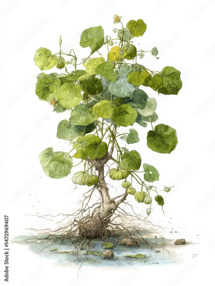 Poster a detailed view of the unique cucumber tree dendrosicyos socotranus showcasing its distinct root sys