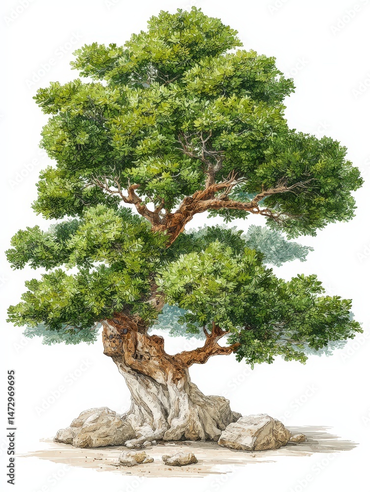 Poster isometric view of a frankincense tree, boswellia socotrana, showcasing its structure and features in
