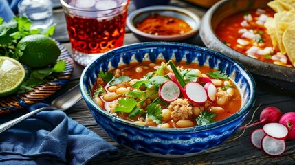 Enjoy rich, authentic Mexican pozole in a sleek setting, garnished with fresh radishes and zesty lime.
