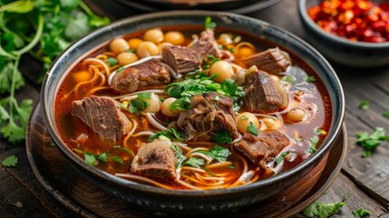 Dive into a bowl of warming pozole, brimming with bold red broth and authentic Mexican spices that delight every bite.