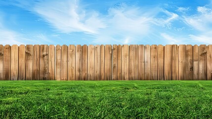 A sturdy wooden garden fence complements vibrant green grass, creating a serene outdoor escape under a bright blue sky.