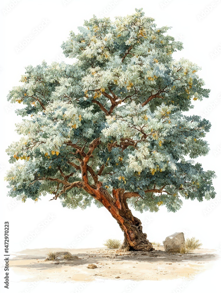 Poster overview image of a boswellia tree showcasing its canopy and features related to frankincense produc