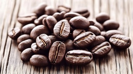 Naklejka premium Roasted Coffee Beans Close Up on Wooden Background
