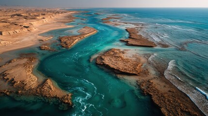 Fototapeta premium A stunning aerial shot of turquoise waters surrounding the Detwah lagoons, perfect for nature and travel themes.