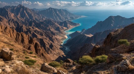 Naklejka premium Scenic panorama of a canyon valley stretching to the sea, capturing nature's beauty in vibrant detail.