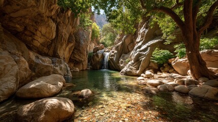 Fototapeta premium A serene image of a tranquil waterfall flowing in Ayhaft Canyon's lush forest setting.