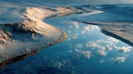 A serene landscape featuring a water-reflecting dune shadow at Arher Spring beneath a soft sky.