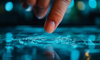 Finger touching rippling water, creating concentric circles, with blue toned background