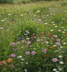 Obraz premium Close-up of flowering plants in a lush June meadow , foliage, texture