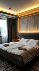 Cozy Hotel Suite with King Bed, Linens and Illuminated Headboard