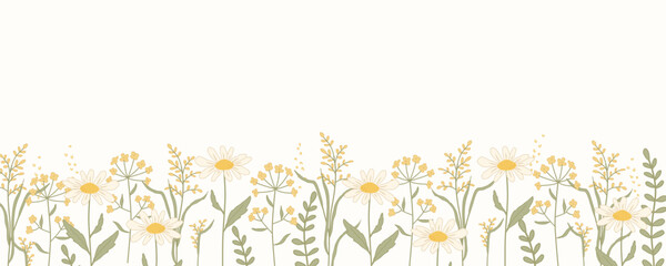 Delicate vector floral border featuring chamomile, wildflowers, and soft green stems. Ideal for wellness, eco-friendly, or botanical-themed packaging, stationery, invitations, and prints.