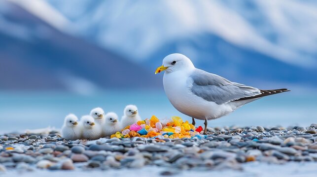 A nurturing adult seagull stands guard over its fluffy chicks, surrounded by colorful pebbles by a serene body of water.