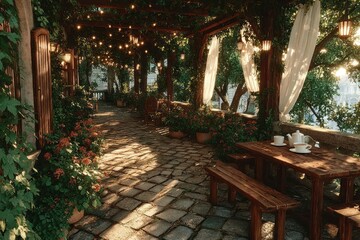 Fototapeta premium Charming Outdoor Cafe with Cobblestone Path Lush Greenery and Cozy Seating Area