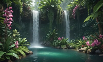 Emerald waterfall cascades through vibrant tropical foliage, orchids bloom nearby ,  green,  vibrant,  greenery