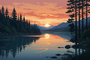 A calm mountain lake at dusk with orange sky reflections and pine trees in anime style cinematic tone