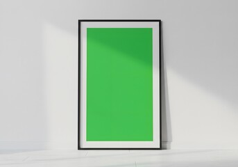 Pôster emoldurado em parede branca com tela verde para inserir arte.