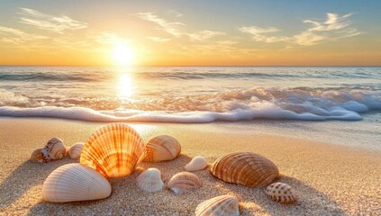 Seashells on golden beach at sunset