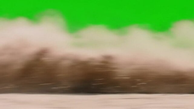 horizontal dust cloud effect moving across a green screen background for visual effects compositing
