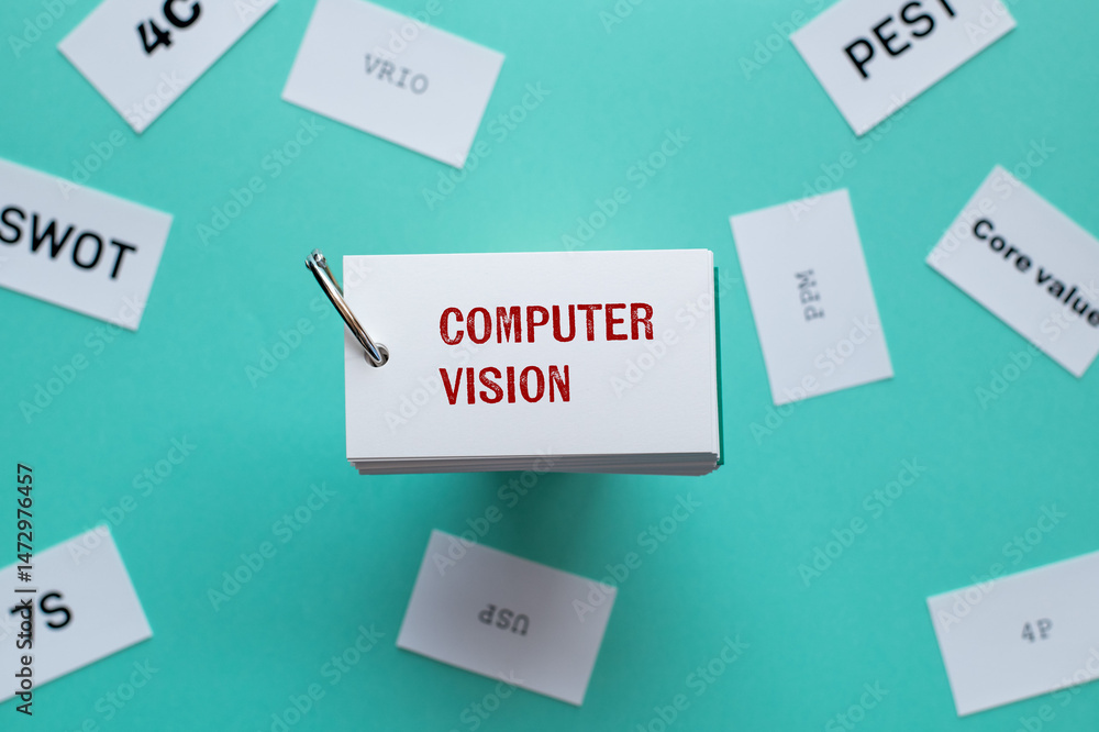 Poster there is word card with the word computer vision. it is as an eye-catching image.