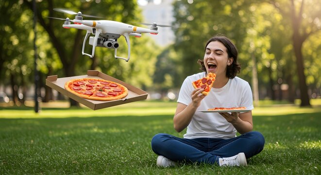 Drone delivers a pizza to a woman in a park who's sitting on the lawn eating a slice. She is smiling and looks very happy and surprised.