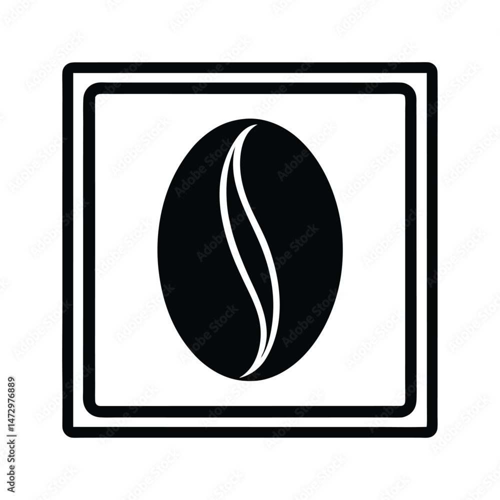 Poster simple black and white illustration of a coffee bean icon within a rectangular frame suitable for br