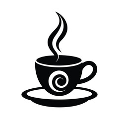 Black and white vector illustration of a coffee cup with steam on a saucer design