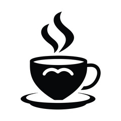 Simple minimalist illustration of a steaming coffee cup with a saucer isolated on white background.