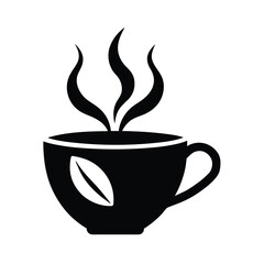 Simple black and white illustration of a hot steaming coffee cup with a coffee bean design element
