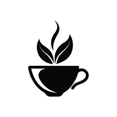 Elegant black and white illustration of a cup of tea with fresh leaves and delicate steam