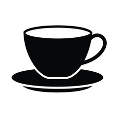 Simple black silhouette illustration of coffee cup and saucer isolated on white background