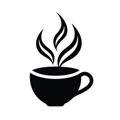 Black and white stylized illustration depicting a steaming coffee cup with elegant steam lines