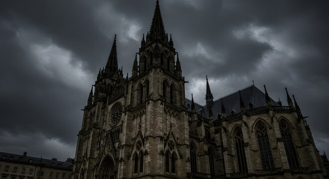 Dramatic Gothic Cathedral Architecture Under a Stormy Sky Perfect for Historical and Architectural Backgrounds and Projects