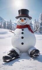 Fototapeta premium Frosty snowman amidst untouched snow; snowboard & ice skates scattered , icy, snowy landscape, ice