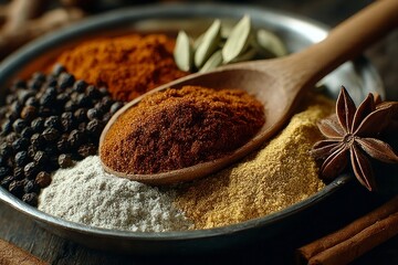 A wooden spoon filled with aromatic spices and herbs surrounded by various seasonings in a bow