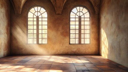 Fototapeta premium Empty room with arched windows and sunlight
