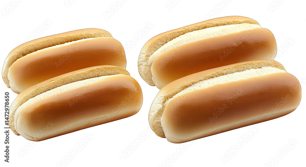 Poster four freshly baked hot dog buns isolated on a transparent background they are arranged in a row with