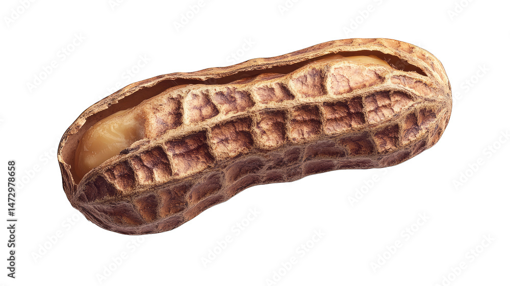 Poster a single peanut in its shell partially cracked open revealing the beige nut inside the shell is a mo