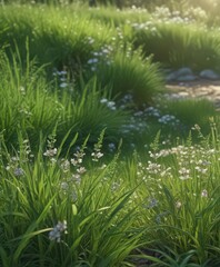 Deep emerald grass, delicate blossoms, soft sunlight, soft, background, scene