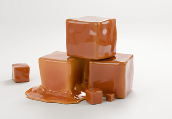 caramel-colored candy cubes stacked together on a reflective surface. The candies have a smooth, shiny texture, showcasing their rich, golden-brown hue. 3D render 
