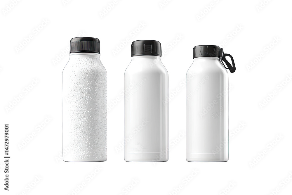 Poster three white bottles with black lids on a transparent background one bottle has a textured finish and