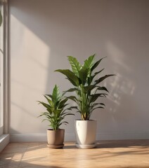 Sunlit empty room, single potted plant thrives , simple, minimal, clean
